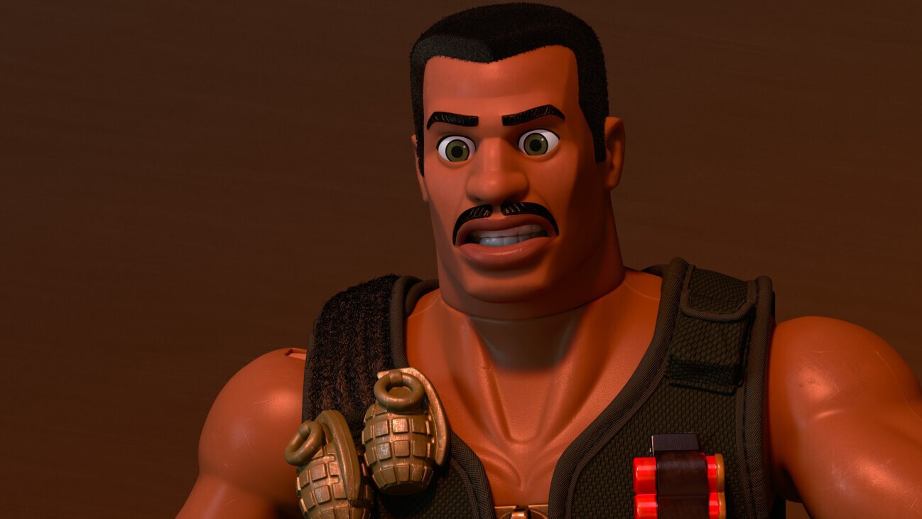 Combat Carl (Carl Weathers) with a serious look on his face as he encourages Jessie to save Woody in Toy Story of Terror! (2013).