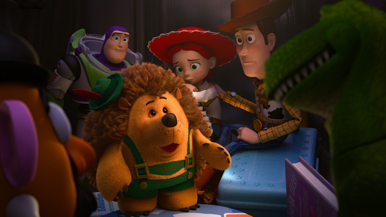 Mr. Pricklepants (Timothy Dalton), Buzz Lightyear (Tim Allen), Jessie (Joan Cusack), and Sheriff Woody (Tom Hanks) huddled together in Bonnie's suitcase in Toy Story of Terror! (2013).