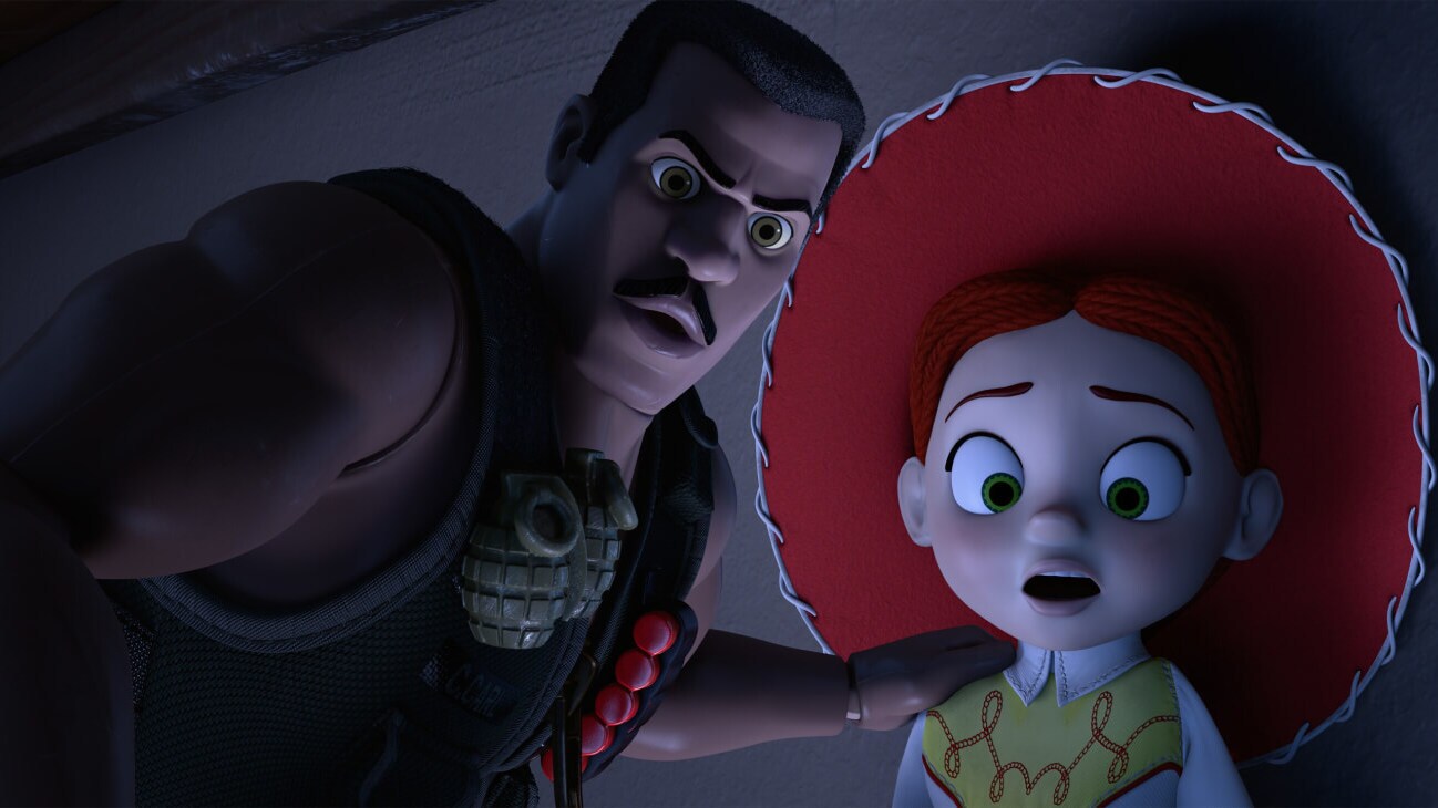 Underneath a bathroom sink, Combat Carl (Carl Weathers) places his hand on Jessie's (Joan Cusack) shoulder and cautions her about the dangers of the Sleep Well Motel in Toy Story of Terror! (2013).