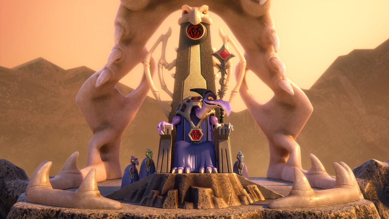 The Cleric (Steve Purcell) presides over the battle in the gladiator arena while sitting on a throne in Toy Story That Time Forgot (2014). 