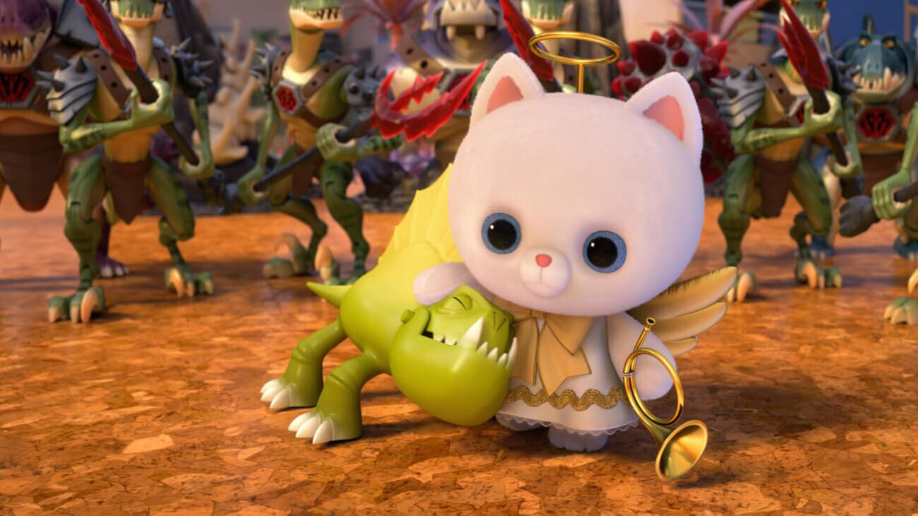 Angel Kitty pets a small Battlesaur toy, oblivious to the Battlesaurs surrounding her in Toy Story That Time Forgot (2014).