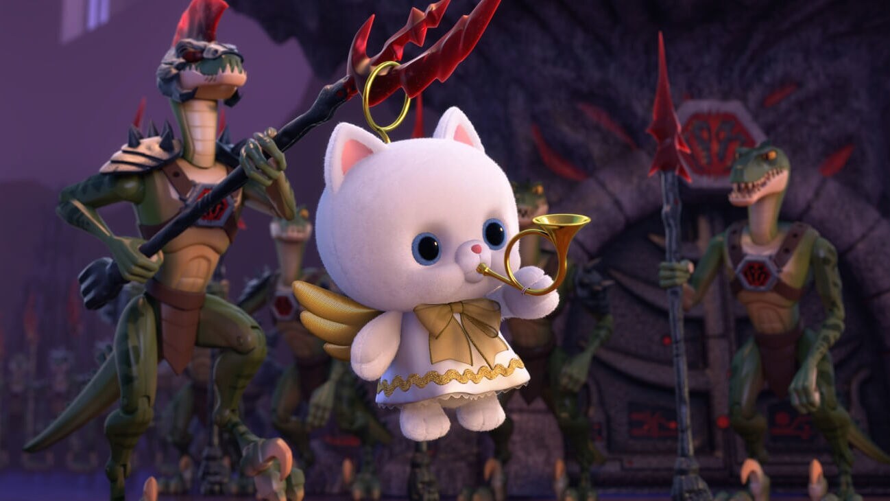 Angel Kitty plays a trumpet as the Battlesaurs march Bonnie's toys towards the pit in Toy Story That Time Forgot (2014).