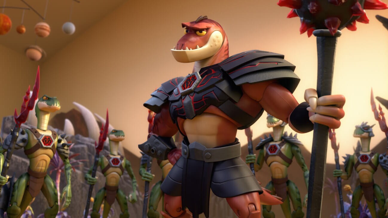 Reptillus Maximus (Kevin McKidd), alongside his fellow Battlesaurs, introduces himself to Bonnie's toys after they enter Mason's playroom in Toy Story That Time Forgot (2014).