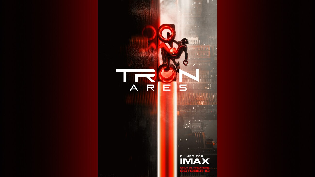 Image of a light cycle trailing a red beam while driving vertically from the movie, "Tron: Ares." | Tron: Ares | Filmed for IMAX | Only in theaters October 10 | movie poster