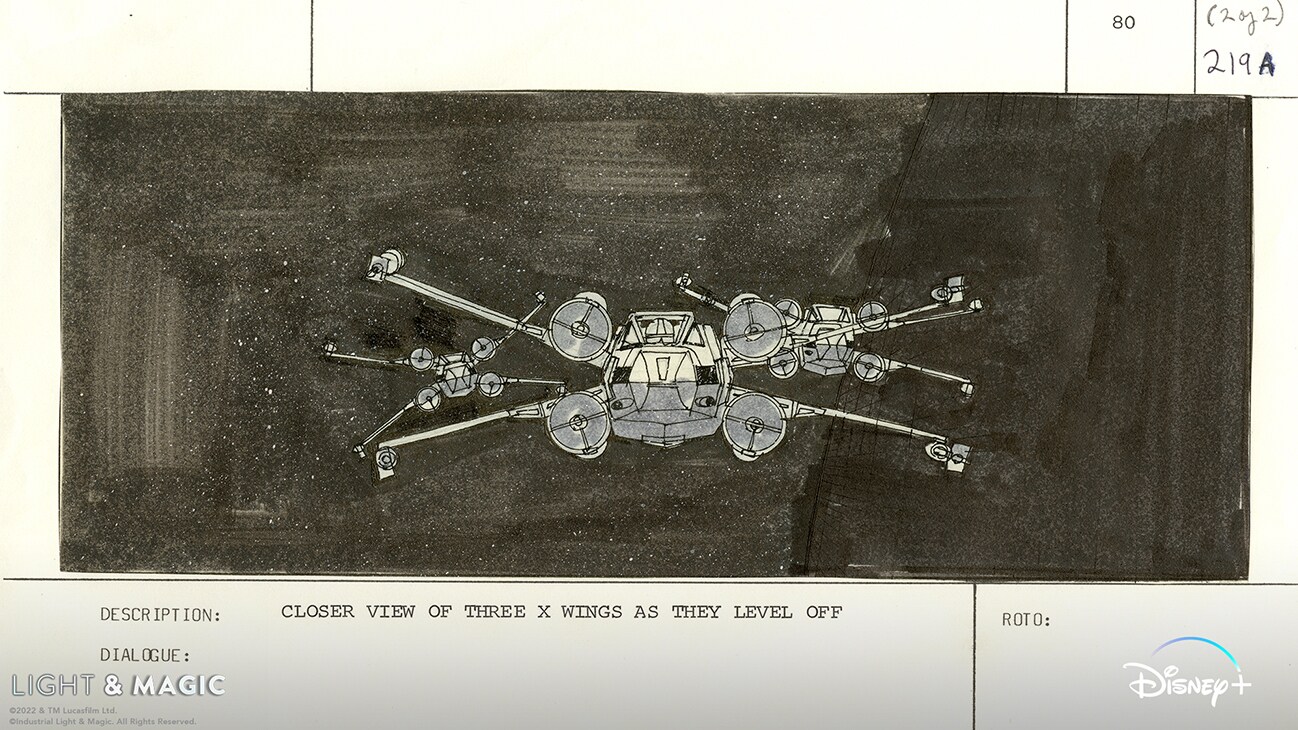 Closer view of three X-wings as they level off | Concept art from the Disney+ Original series, "Light & Magic". | © & ™ Lucasfilm Ltd. ©Industrial Light & Magic. All Rights Reserved.
