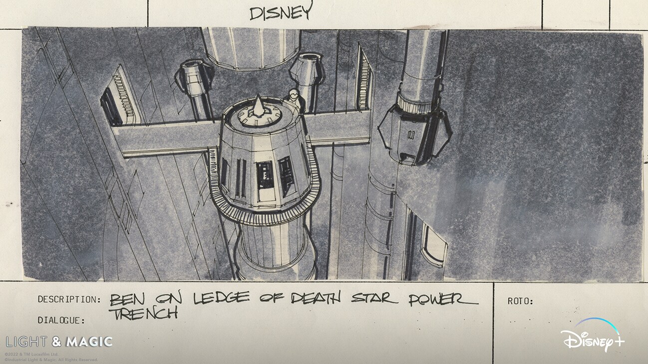 Ben on ledge of Death Star power trench. | Concept art from the Disney+ Original series, "Light & Magic". | © & ™ Lucasfilm Ltd. ©Industrial Light & Magic. All Rights Reserved.