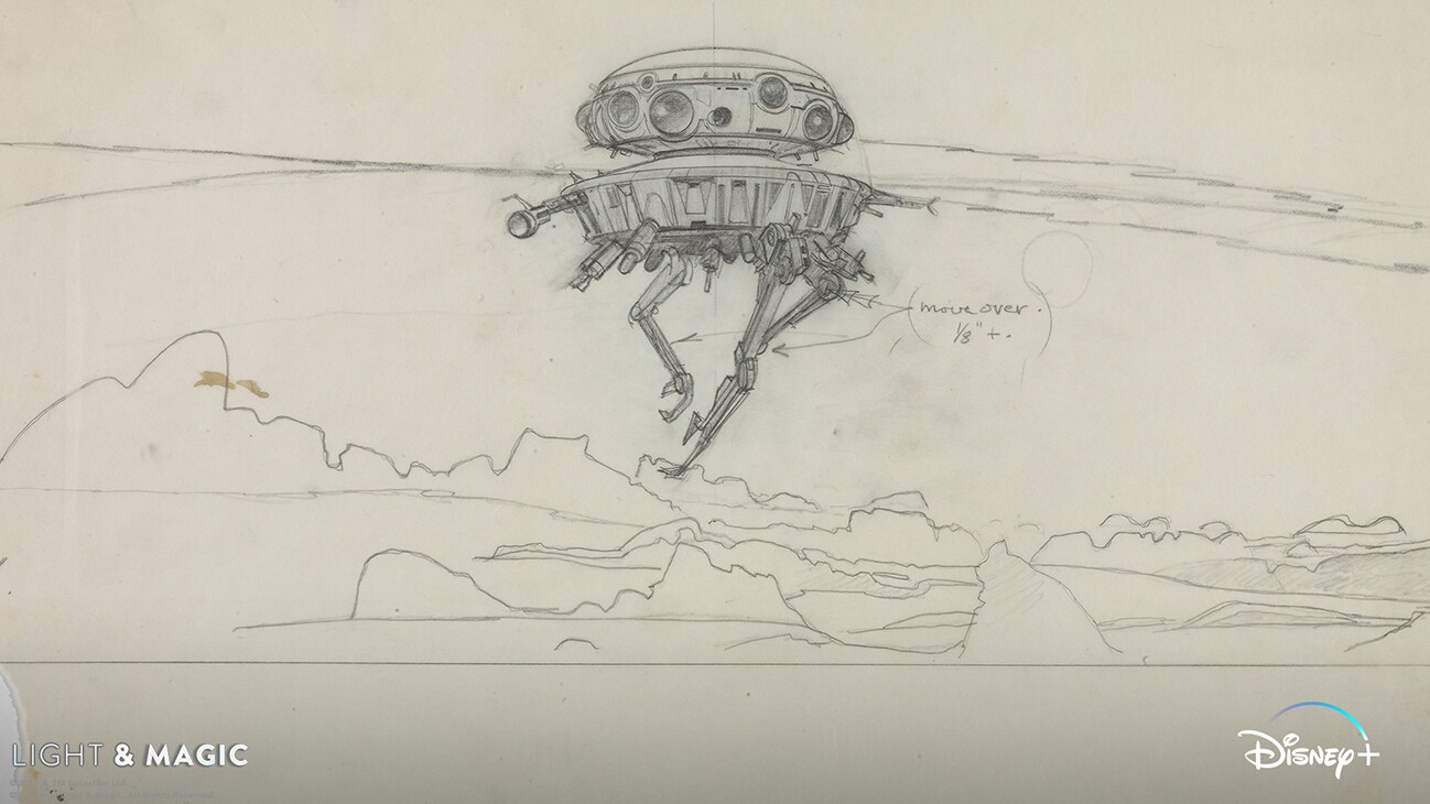 Imperial probe droid hovers over Hoth. | Concept art from the Disney+ Original series, "Light & Magic". | © & ™ Lucasfilm Ltd. ©Industrial Light & Magic. All Rights Reserved.