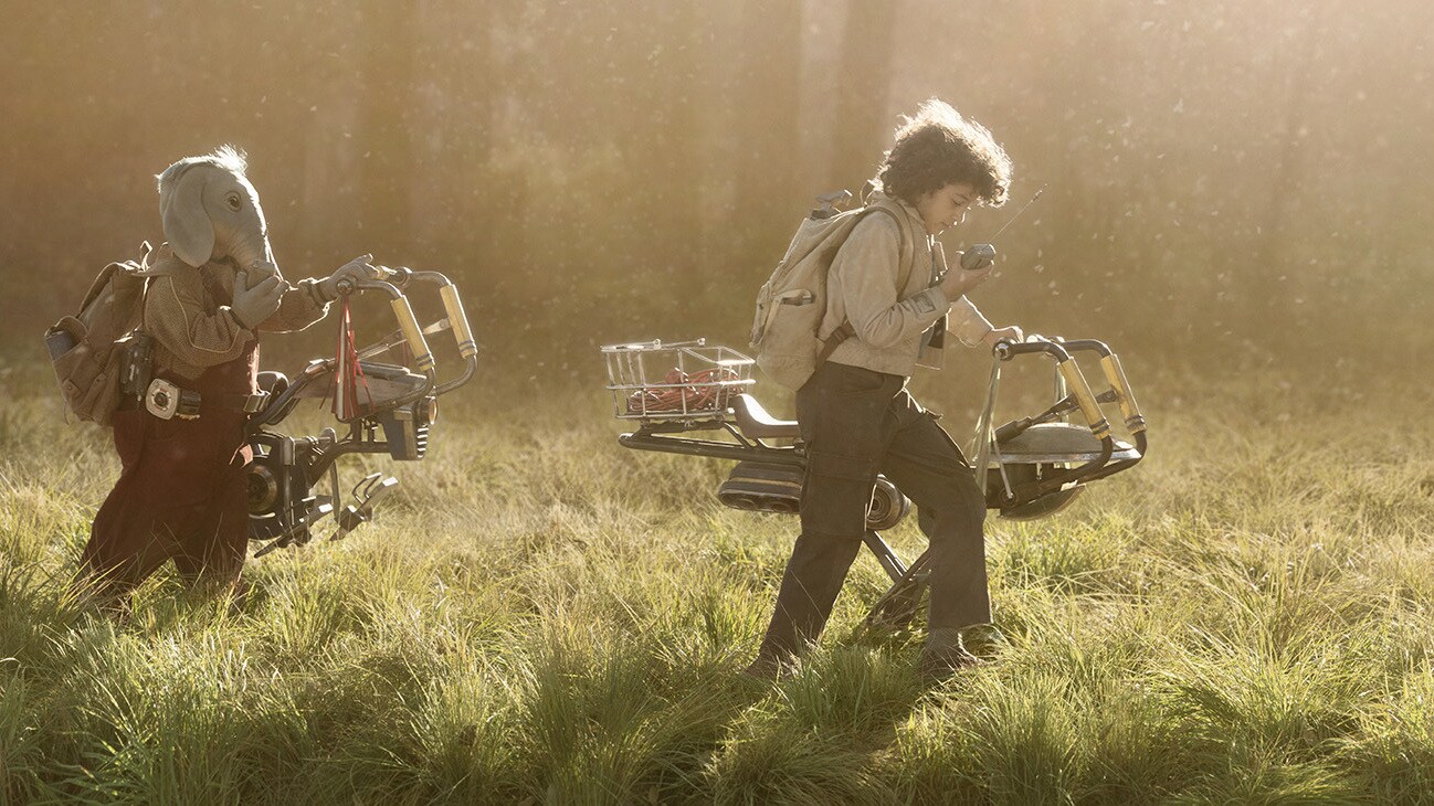 (L-R): Neel (Robert Timothy Smith) and Wim (Ravi Cabot-Conyers) with hoverbikes in Lucasfilm's STAR WARS: SKELETON CREW, exclusively on Disney+. Photo by Matt Kennedy. ©2024 Lucasfilm Ltd. & TM. All Rights Reserved.