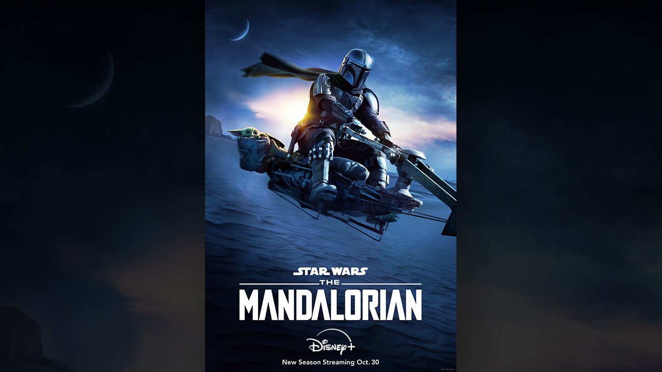 Image of The Mandalorian (Actor Pedro Pascal) and The Child on a speeder from the Disney+ Original series "The Mandalorian".