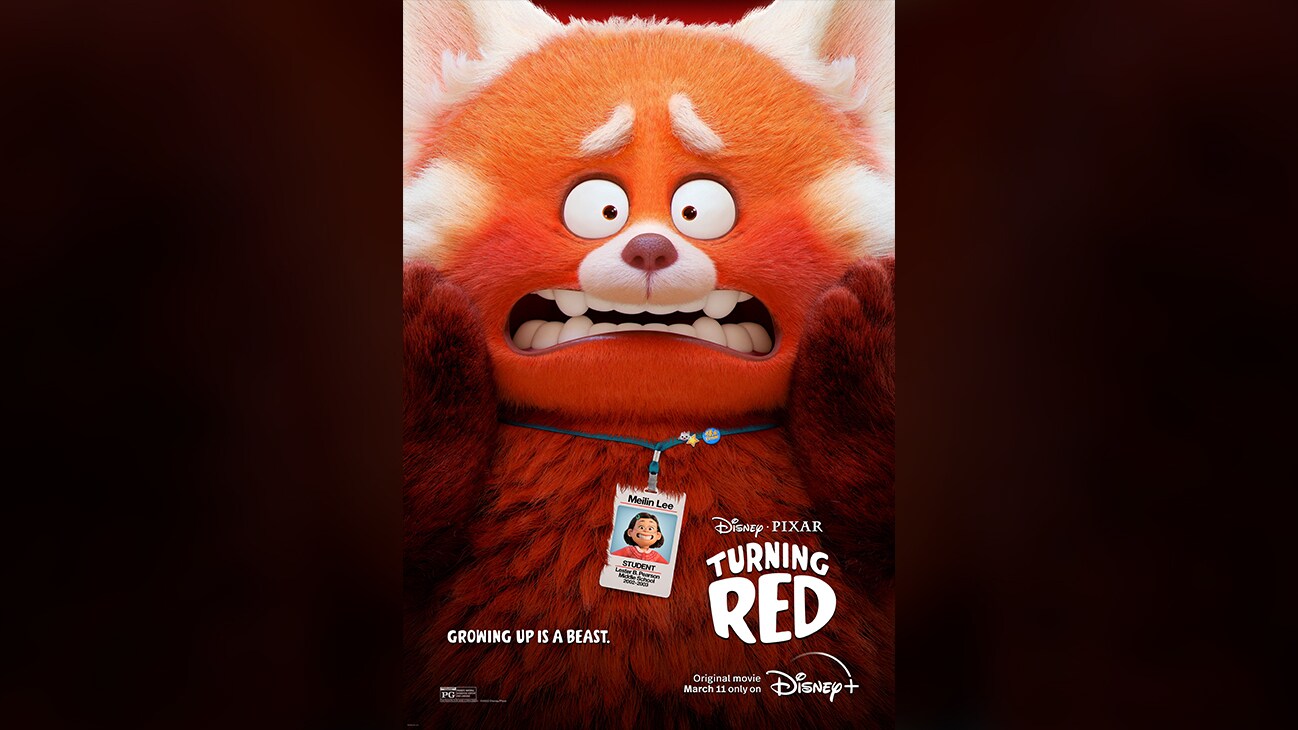 Image of Panda Mei with an embarassed emotion. | Disney•Pixar Turning Red | Growing up is a beast. | Original movie March 11 only on Disney+ | Rated PG