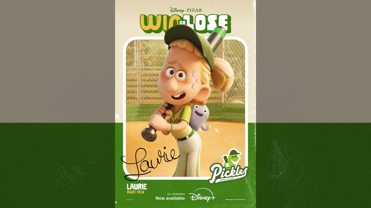 Animated image of Laurie in a softball uniform holding a bat while sweating | Disney•Pixar | Win or Lose | Laurie | Right field | All episodes now available | Peaks Valley Pickles | Disney+ | movie poster