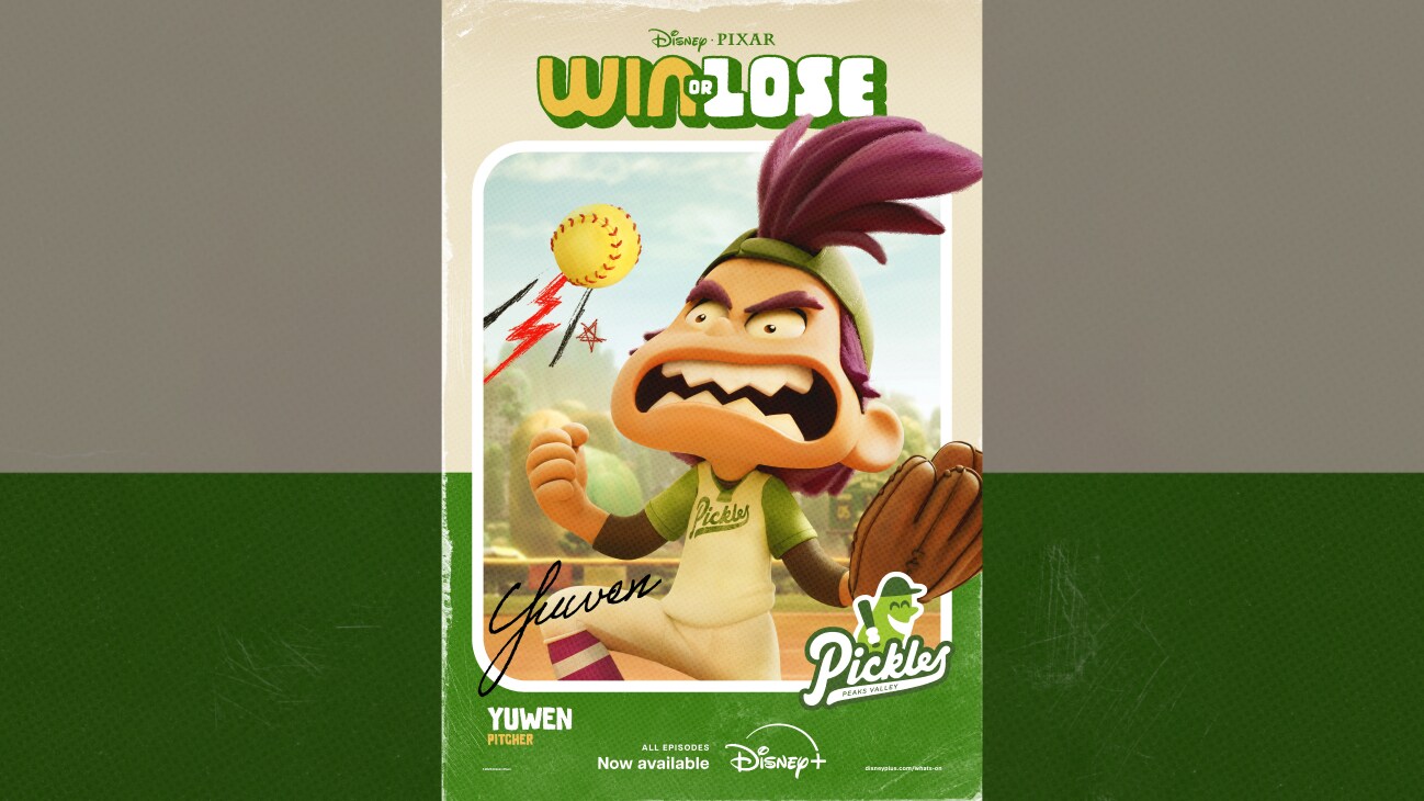 Image of Yuwen with an angry face as a softball flies by him. | Disney•Pixar | Win or Lose | Yuwen | Pitcher | Peaks Valley Pickles | All episodes now available | Disney+ | movie poster