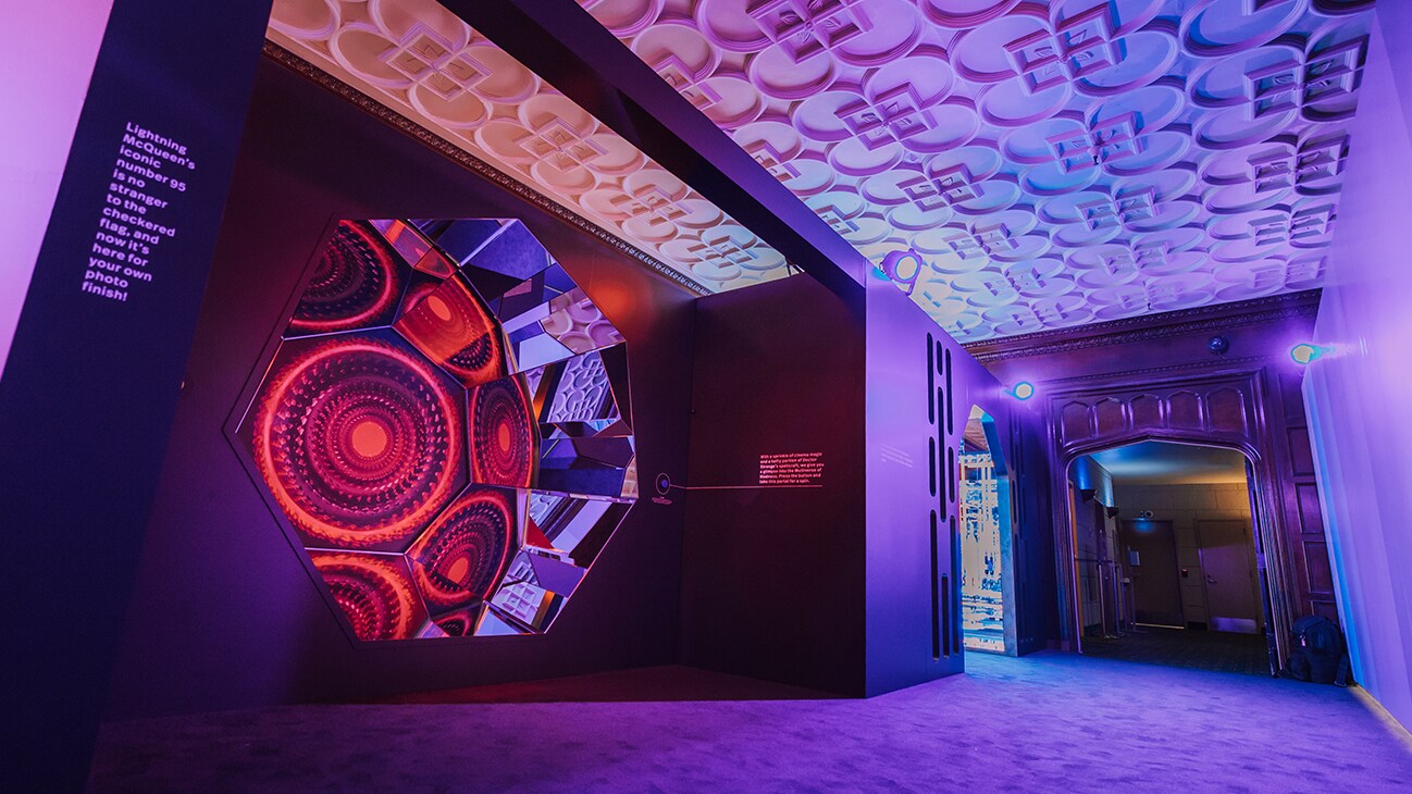 Photo of a side angle of the "Doctor Strange in the Multiverse of Madness" kaleidoscope wall at the #DisneyPlusIRL experience.