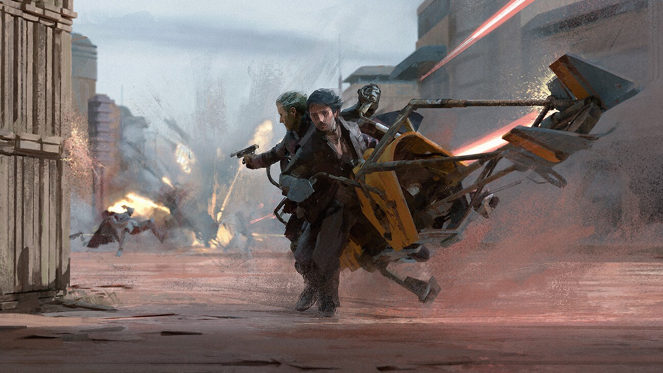 Concept art image of Cassian Andor and Luthen Rael on a speeder bike from the Disney+ Original series, "Andor."