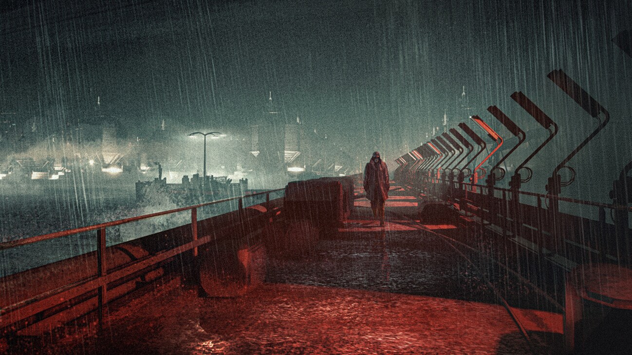 Concept art image of a person walking along a bridge at night from the Disney+ Original series, "Andor."