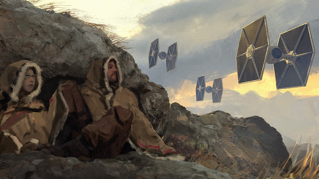 Concept art of two people hiding behind a rock from two approaching TIE fighters from the Disney+ Original series, Andor.
