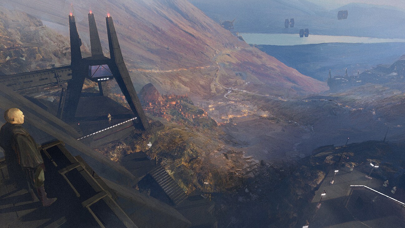 Concept art image of an Imperial installment featuring a large tower with TIE fighters in the distance from the Disney+ Original series, "Andor."
