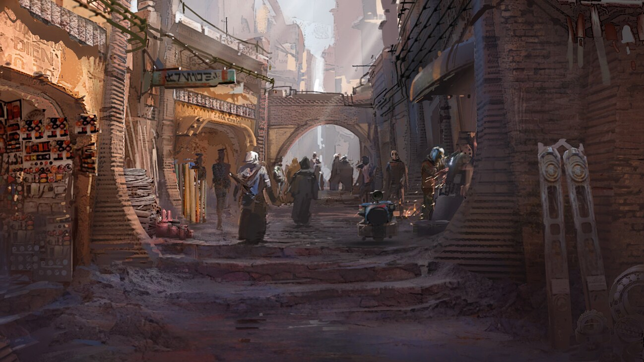 Concept art image of a street from the Disney+ Original series, "Andor."