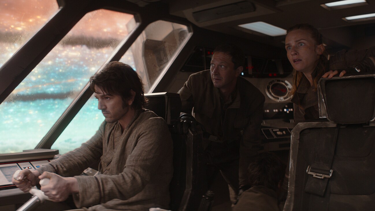 Cassian Andor (Diego Luna) piloting a vehicle in the Disney+ Original series, Andor.