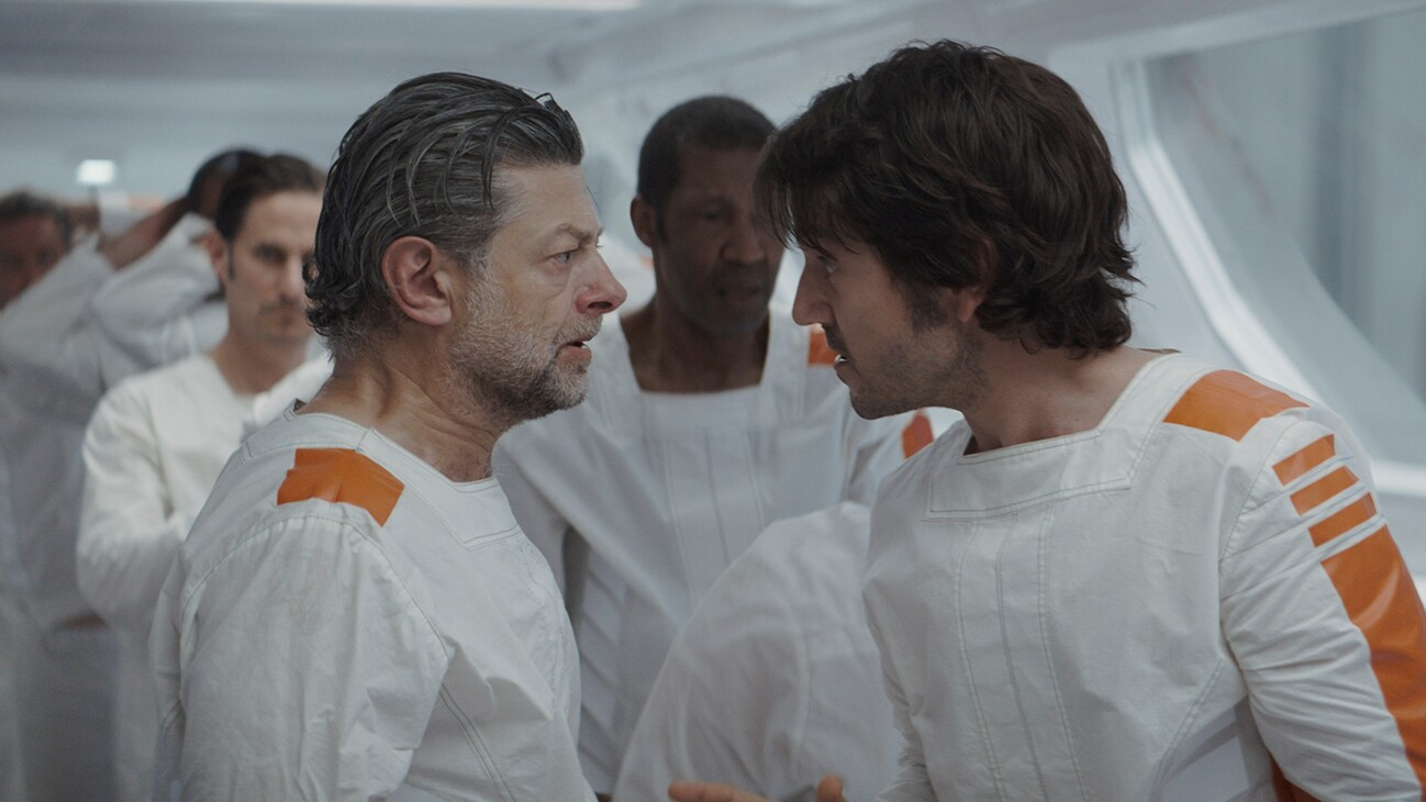 Cassian Andor (actor Diego Luna) and Kino Loy (actor Andy Serkis) from the Disney+ Original series, "Andor."
