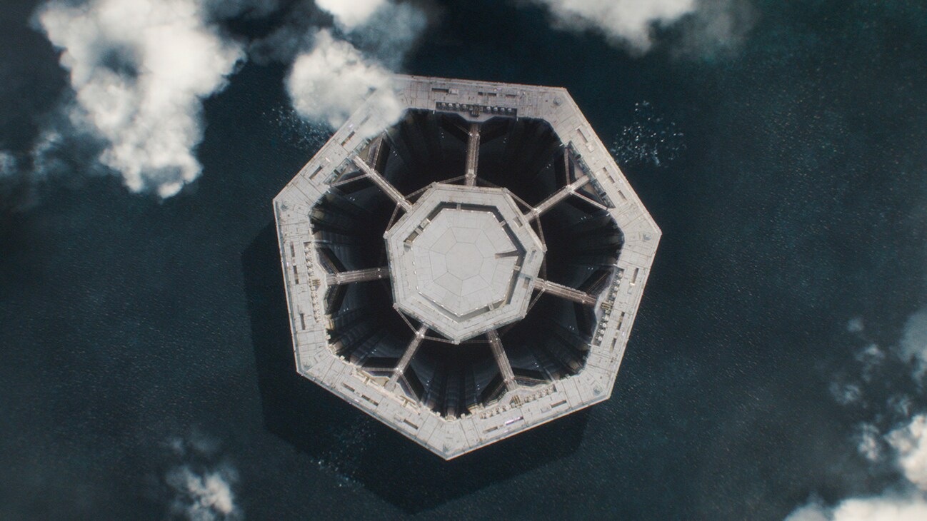 The Narkina 5 prison complex in the middle of a large body of water as seen from above in the Disney+ Original series, Andor.