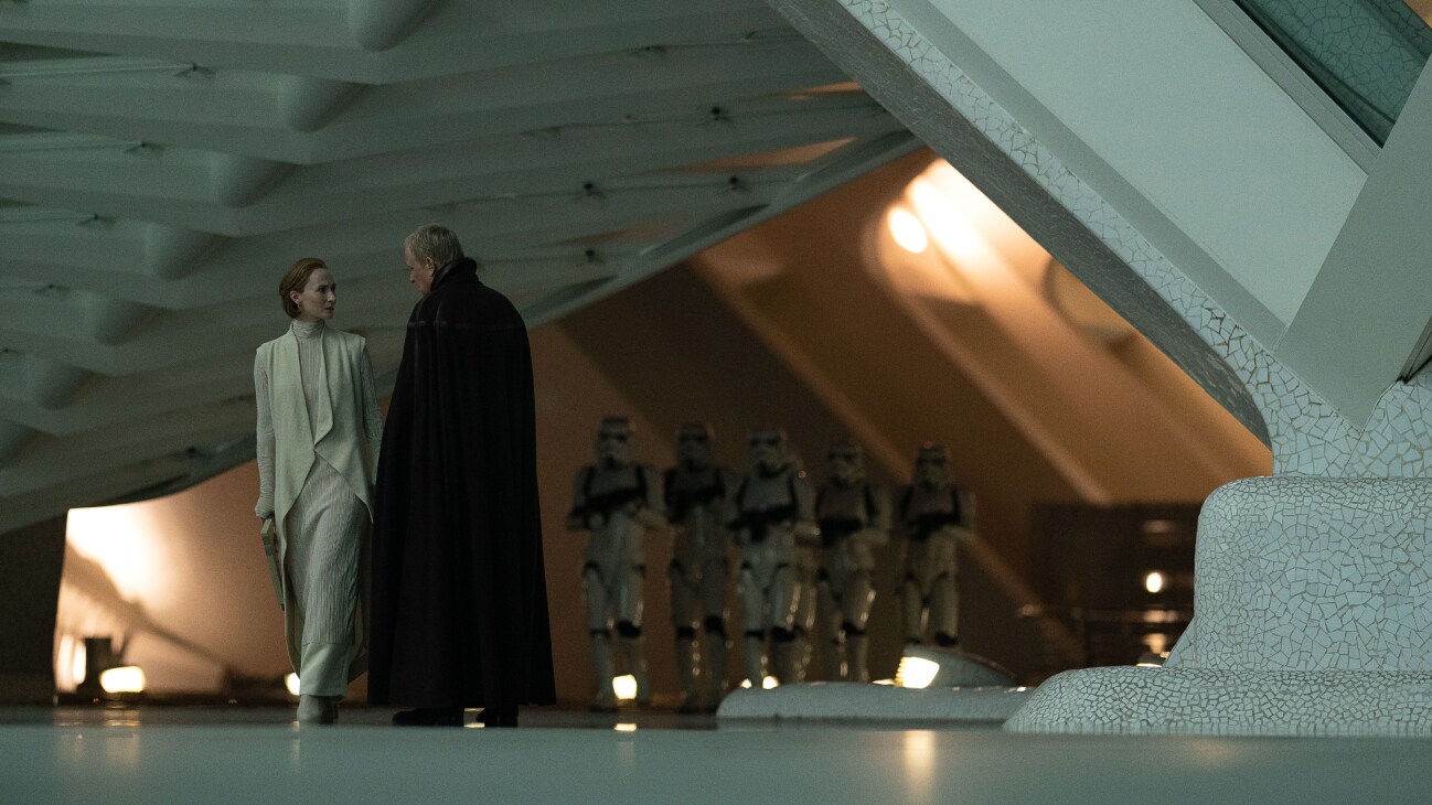 (L-R) Mon Mothra (Genevieve o”Reilly) and Luthen Rael (Stellan Skarsgard) in Lucasfilm's ANDOR Season 2, exclusively on Disney+. ©2024 Lucasfilm Ltd. & TM. All Rights Reserved.