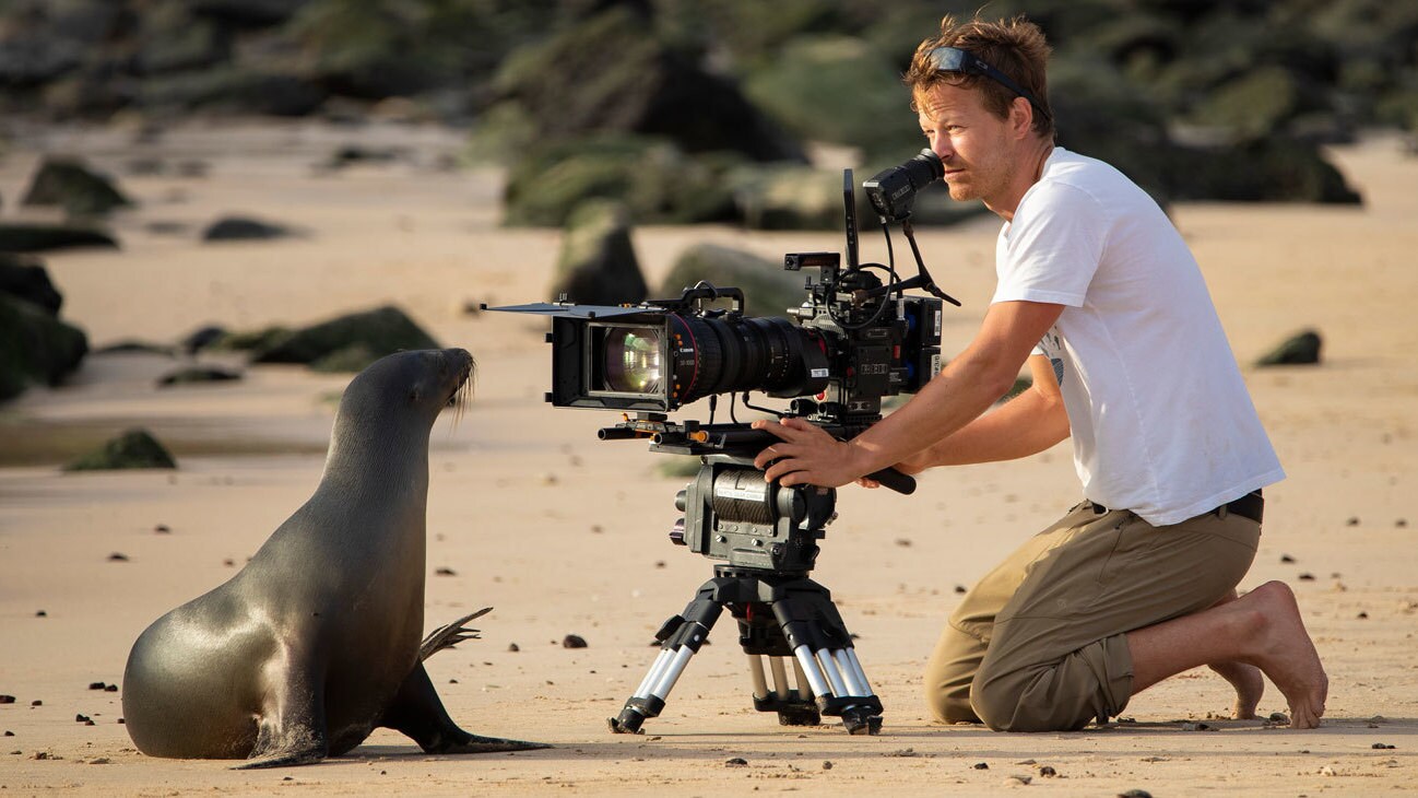 Bertie Gregory filming a seal. (National Geographic for Disney+/James Brickell)