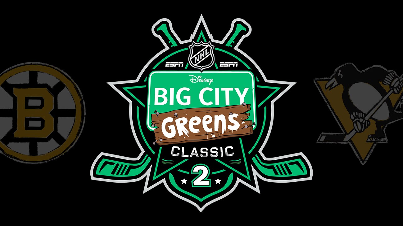 Logo for the NHL Big City Greens Classic 2 featuring the club logos for the Boston Bruins on the left and the Pittsburgh Penguins on the right.