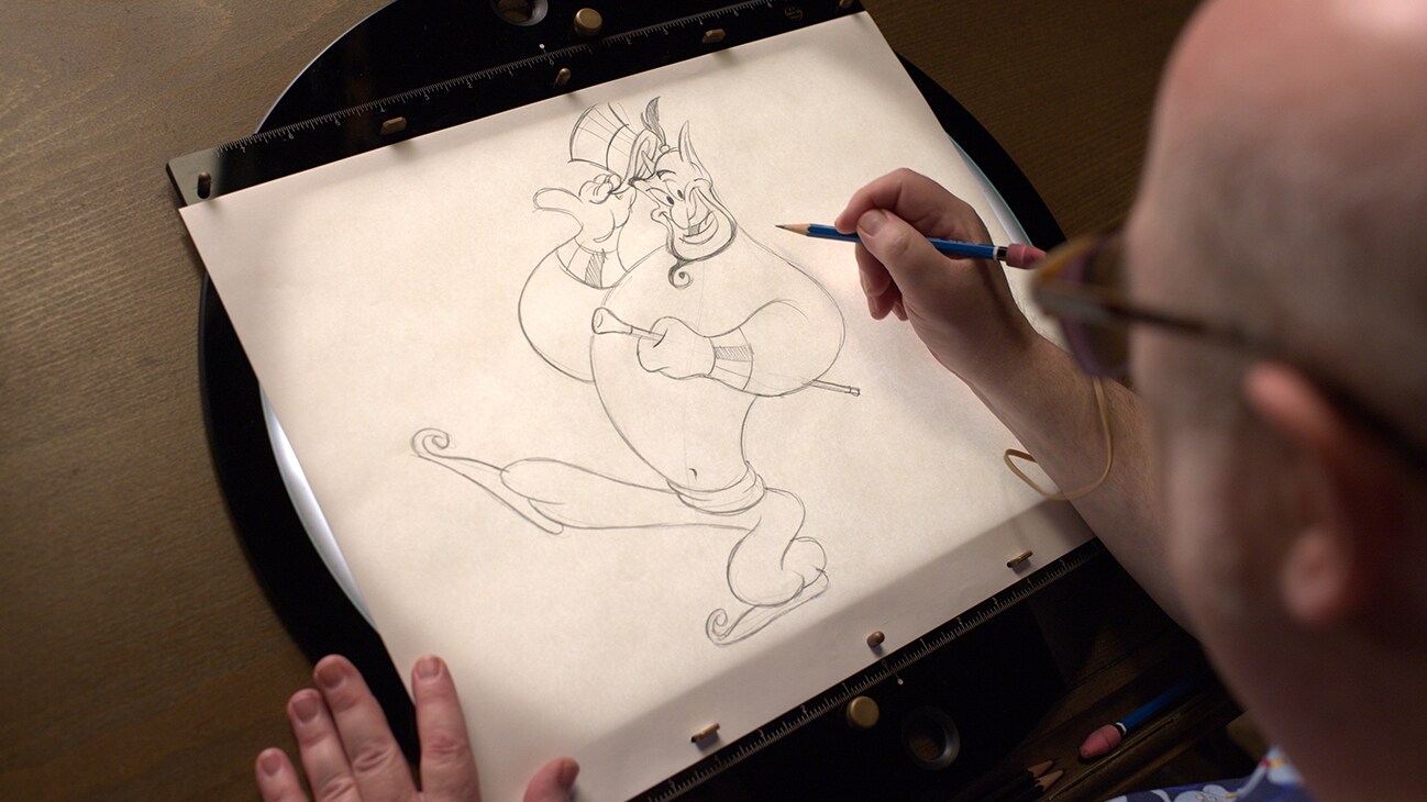 Eric Goldberg joined Disney Animation as the supervising animator of Genie for 1992’s Aladdin. He is considered one of the greatest animators in history. In this episode of Sketchbook, he revisits the character Genie. (Disney/Richard Harbaugh)