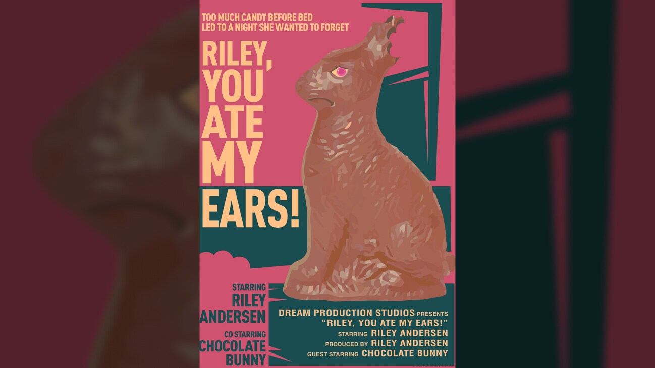 Still image of an animated chocolate easter bunny. | Too much candy before bed led to a night she wanted to forget. | Riley, You Ate My Ears! | Starring: Riley Andersen, Co-Starring: Chocolate Bunny | Poster