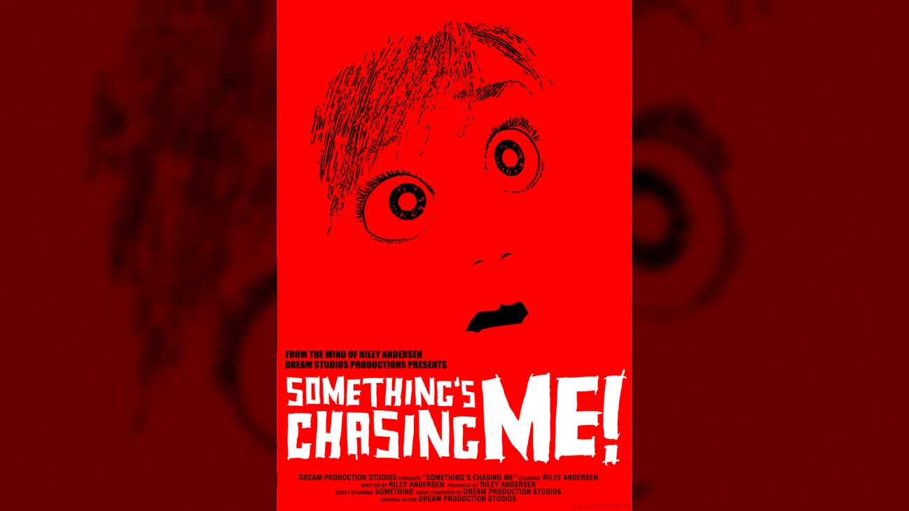 Still image of an animated outline of a character showing only hair, eyes, nose, and a mouth. | Something's Chasing ME! | Poster