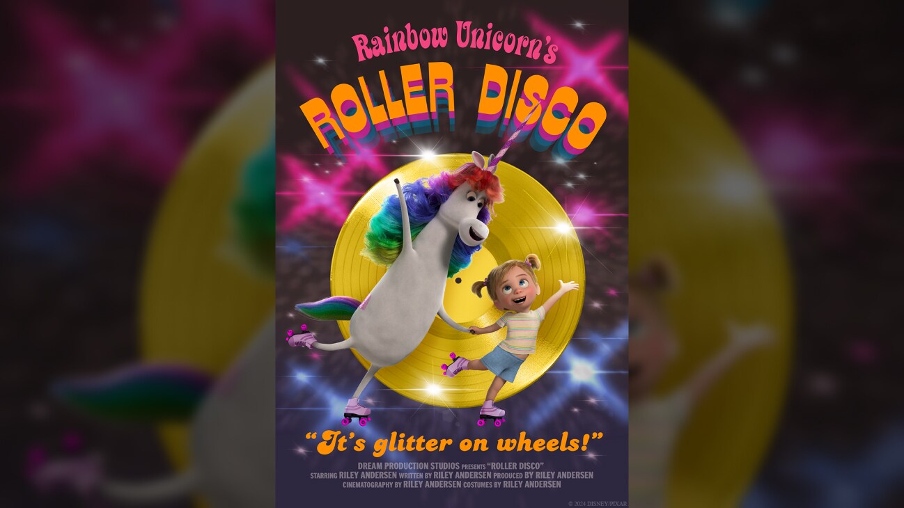 Still image of an animated Riley and a unicorn roller skating. | Rainbow Unicorn's Roller Disco | Poster