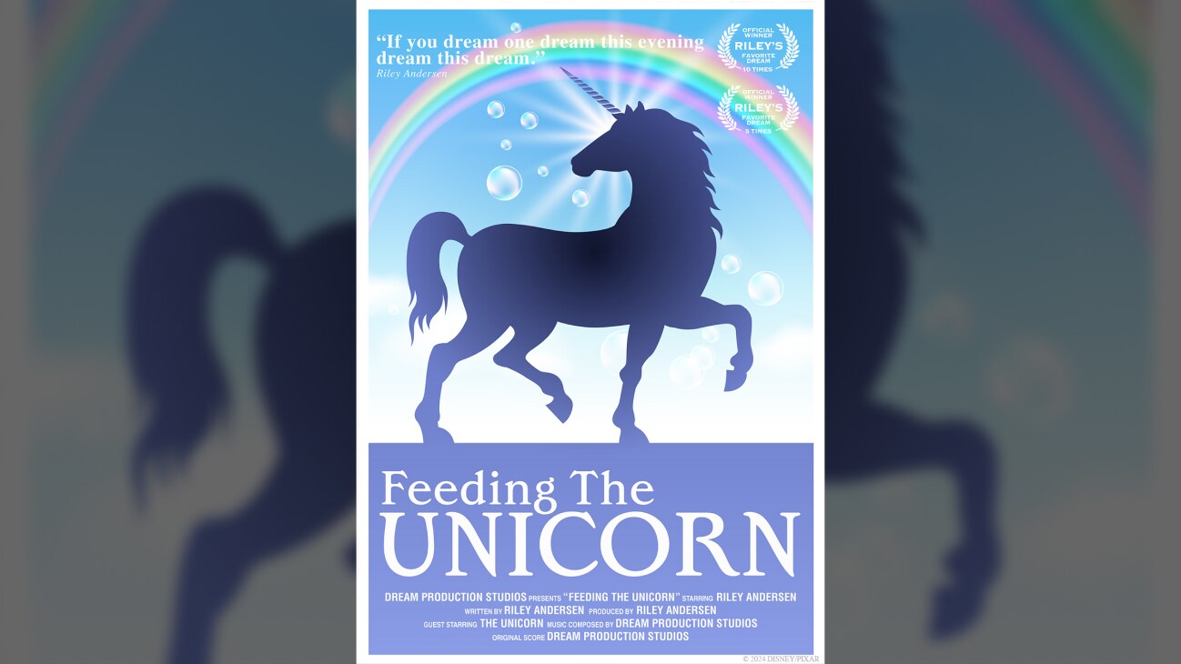 Still image of an animated silhouette of a unicorn with a rainbow at the top of the image. | Feeding The Unicorn | Poster