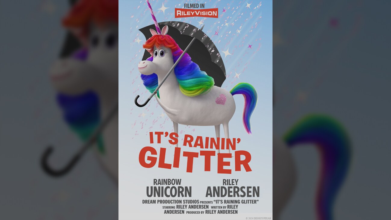 Still image of an animated unicorn holding an umbrella with glitter falling on it. | It's Rainin' Glitter | Poster