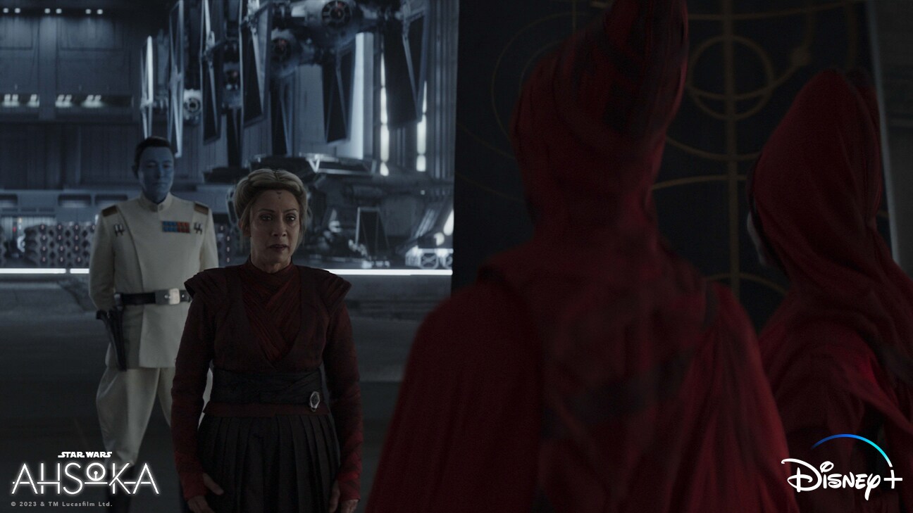 (L-R): Grand Admiral Thrawn (Lars Mikkelsen), Morgan Elsbeth (Diana Lee Inosanto), Klothow (Claudia Black) and Aktropaw (Jeryl Prescott Gallien) in Lucasfilm's STAR WARS: AHSOKA, exclusively on Disney+. ©2023 Lucasfilm Ltd. & TM. All Rights Reserved.