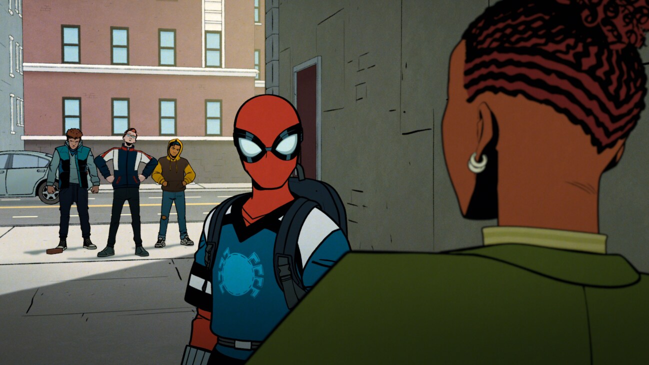 (Fourth from Left-R) Peter Parker/Spider-Man (Hudson Thames) and Harry Osborn (Zeno Robinson) in Marvel Animation's YOUR FRIENDLY NEIGHBORHOOD SPIDER-MAN, exclusively on Disney+. Photo courtesy of Marvel Animation. © 2024 MARVEL. All Rights Reserved.