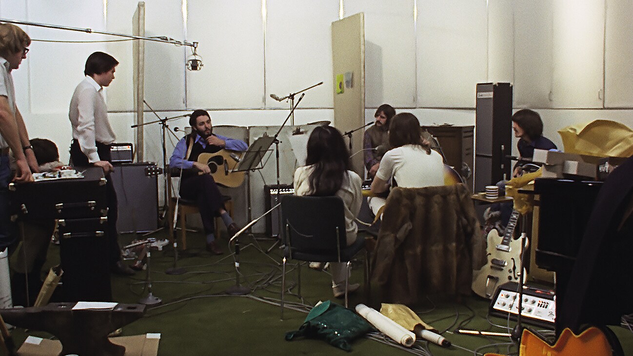 The Beatles performing in a recording studio from the Disney+ Original docuseries "The Beatles: Get Back".