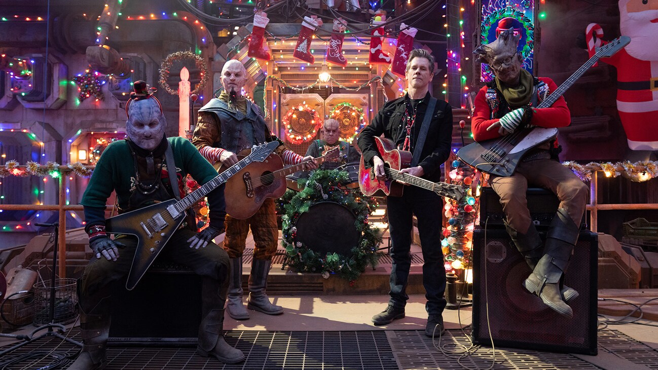 The Old 97’s and Kevin Bacon as himself in Marvel Studios' The Guardians of the Galaxy: Holiday Special, exclusively on Disney+. Photo by Jessica Miglio. © 2022 MARVEL.