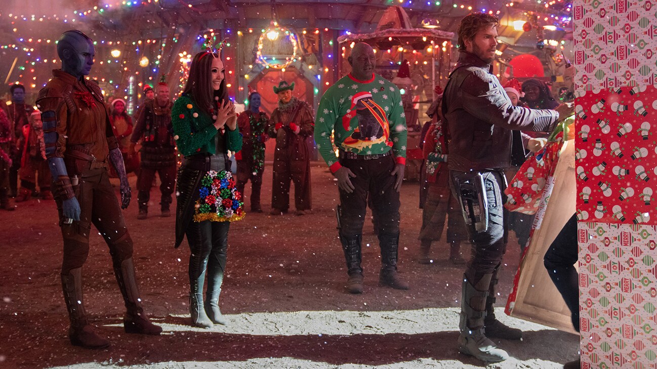 (L-R): Karen Gillan as Nebula, Pom Klementieff as Mantis, Dave Bautista as Drax, and Chris Pratt as Peter Quill/Star-Lord in Marvel Studios' The Guardians of the Galaxy: Holiday Special, exclusively on Disney+. Photo by Jessica Miglio. © 2022 MARVEL.