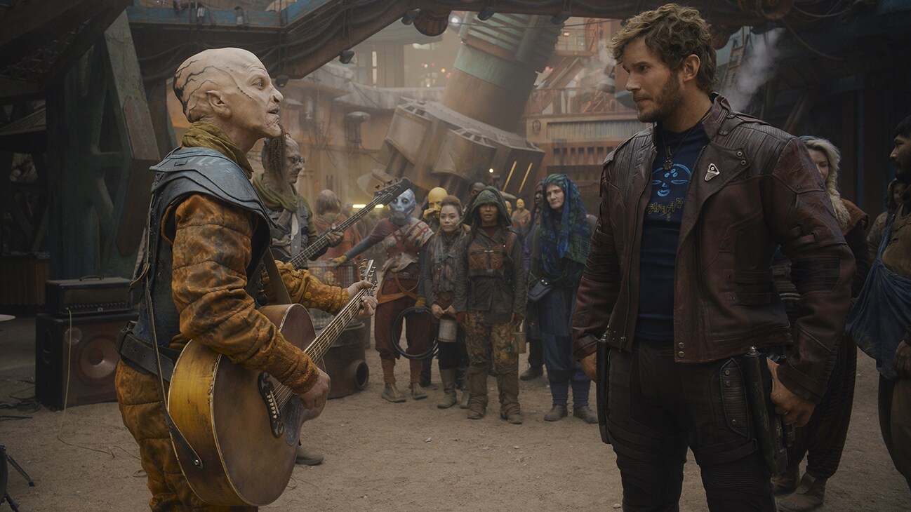 (L-R): A member of The Old 97’s and Chris Pratt as Peter Quill/Star-Lord in Marvel Studios' The Guardians of the Galaxy: Holiday Special, exclusively on Disney+. Photo by Jessica Miglio. © 2022 MARVEL.