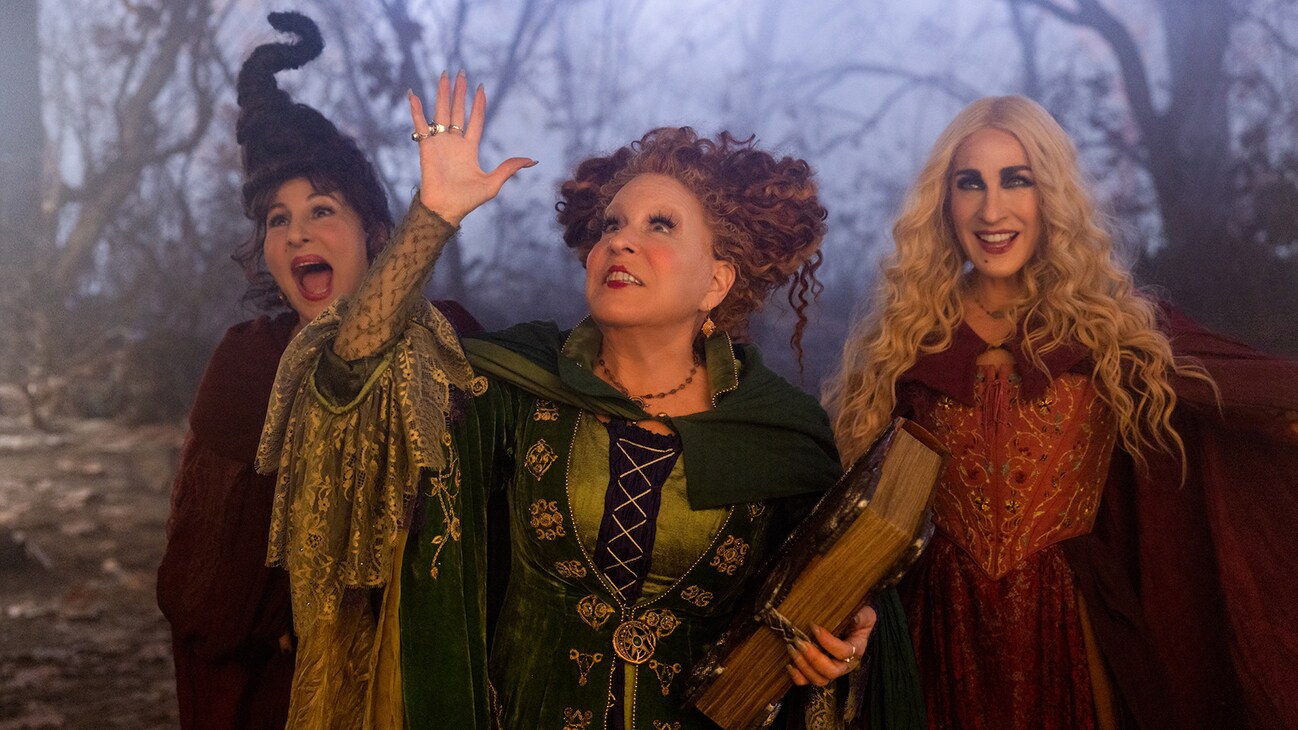 Kathy Najimy as Mary Sanderson, Bette Midler as Winifred Sanderson, and Sarah Jessica Parker as Sarah Sanderson in Disney's live-action HOCUS POCUS 2, exclusively on Disney+. Photo by Matt Kennedy. © 2022 Disney Enterprises, Inc. All Rights Reserved.