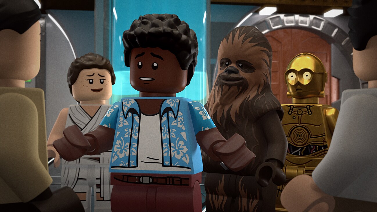 Finn, Rey, Chewbacca, and C-3P0 from the Disney+ Original special, "LEGO Star Wars Summer Vacation".