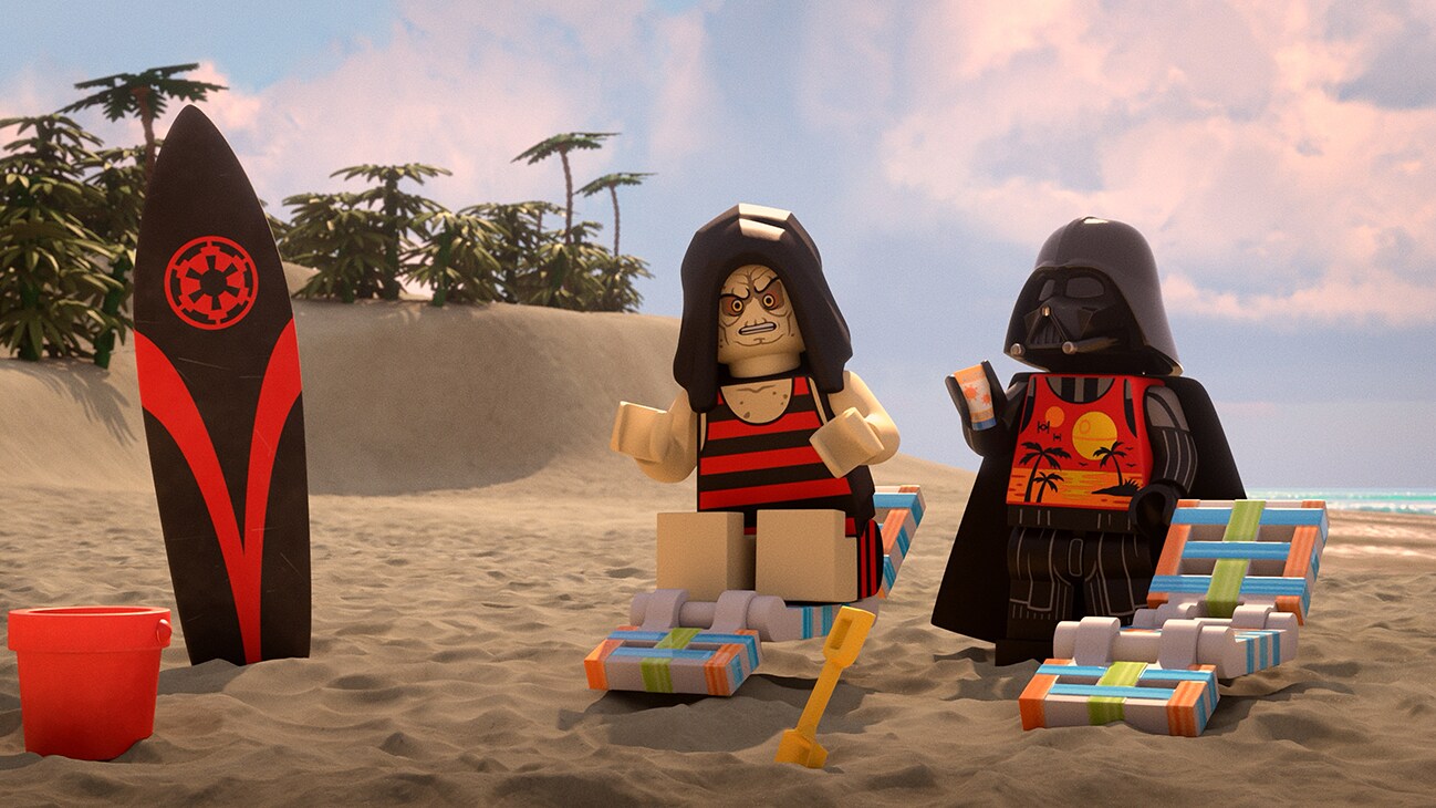 The Emperor sitting on a beach chair next to Darth Vader from the Disney+ Original special, "LEGO Star Wars Summer Vacation".