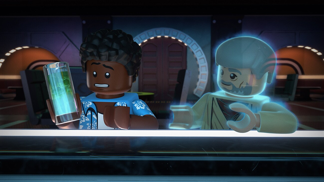Finn and the ghost of Obi-Wan Kenobi sitting at a bar from the Disney+ Original special, "LEGO Star Wars Summer Vacation".