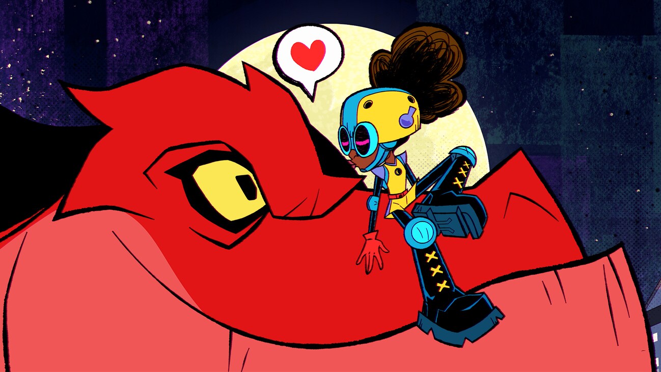 Moon Girl sits on Devil Dinosaur's nose, giving him a loving kiss.