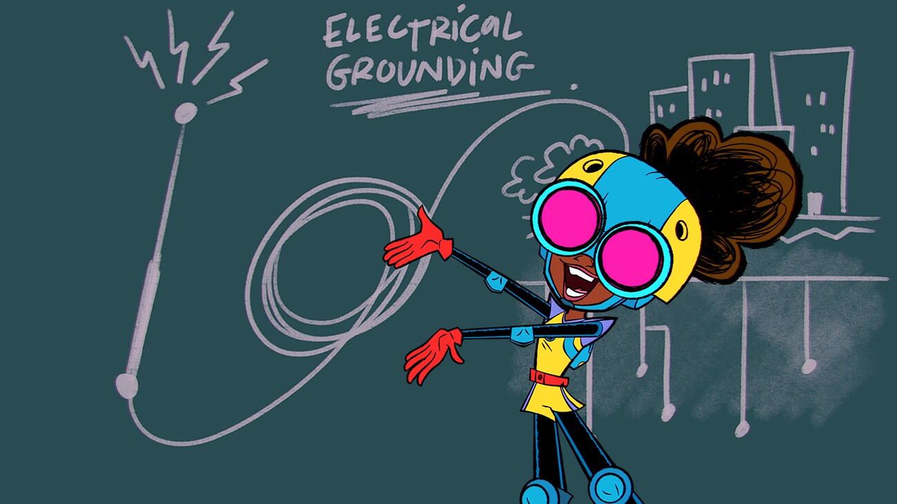 Moon Girl stands in front of a chalkboard, pointing to a sketch labeled "Electrical Grounding".
