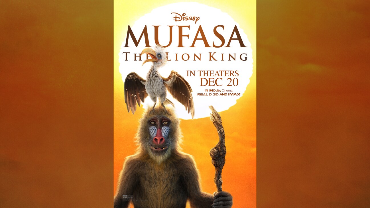 Zazu and Rafiki in Disney’s MUFASA: THE LION KING In Theaters Dec 20 In Dolby Cinema, REAL 3D and IMAX. Rated PG.