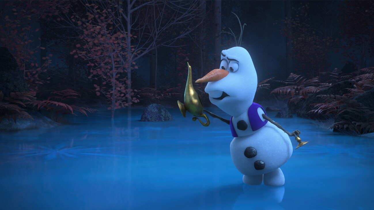 In Walt Disney Animation Studios’ new series of shorts “Olaf Presents,” Olaf steps into the spotlight and goes from snowman to showman as he takes on the roles of producer, actor, costumer and set builder for his unique “retelling” of five favorite Disney animated tales including “Aladdin.” In the short, Olaf takes on the titular role of the “street rat”-turned-Prince. Debuting exclusively on Disney+ Nov. 12, “Olaf Presents” features the voice of Josh Gad as Olaf. Disney animator Hyrum Osmond directs, and Jennifer Newfield produces. © 2021 Disney. All Rights Reserved.