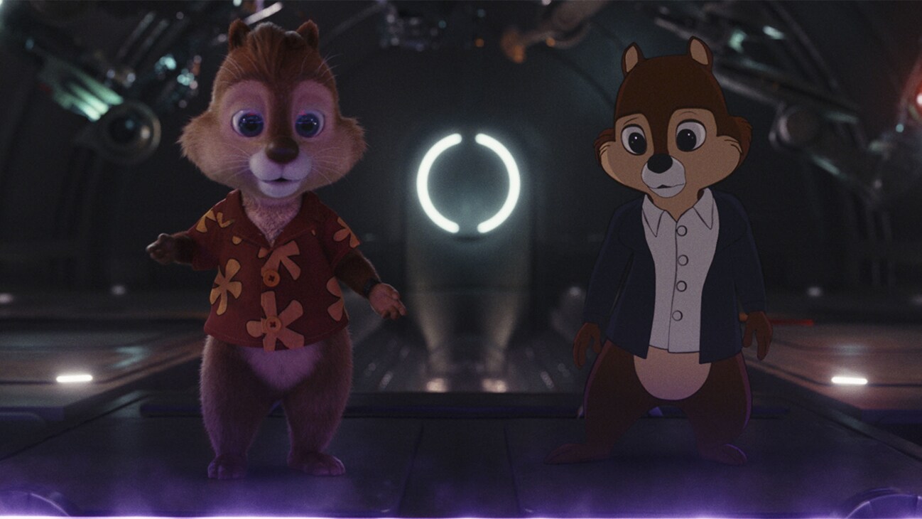 (L-R): Dale (voiced by Andy Samberg) and Chip (voiced by John Mulaney) in Disney's live-action CHIP 'N DALE: RESCUE RANGERS, exclusively on Disney+. Photo courtesy of Disney Enterprises, Inc. © 2022 Disney Enterprises, Inc. All Rights Reserved.