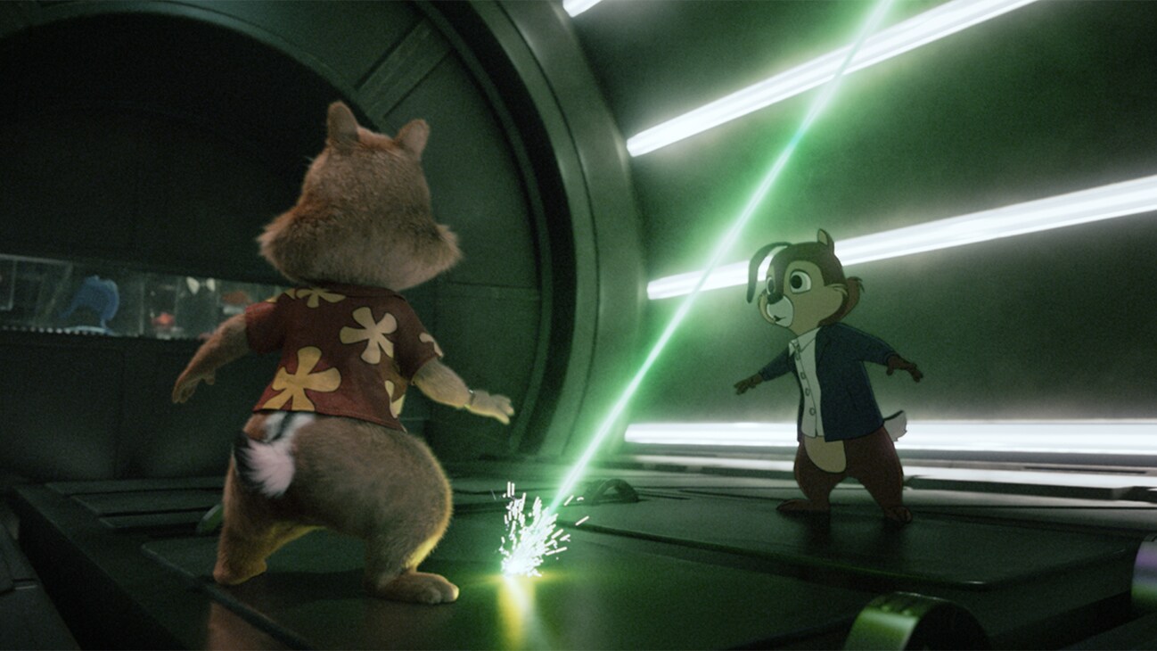 (L-R): Dale (voiced by Andy Samberg) and Chip (voiced by John Mulaney) in Disney's live-action CHIP 'N DALE: RESCUE RANGERS, exclusively on Disney+. Photo courtesy of Disney Enterprises, Inc. © 2022 Disney Enterprises, Inc. All Rights Reserved